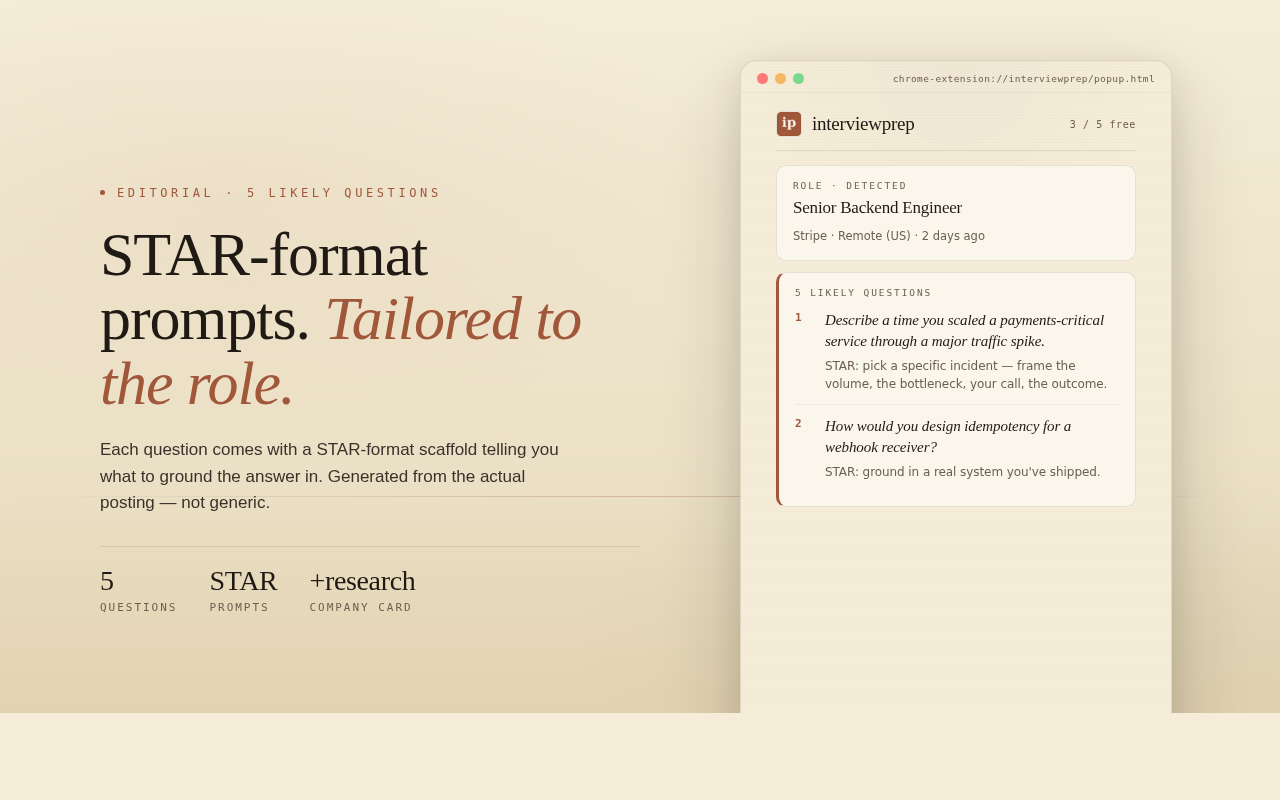 interviewprep — magazine-spread layout showing 5 STAR-format questions tailored to a Senior Backend Engineer role at Stripe