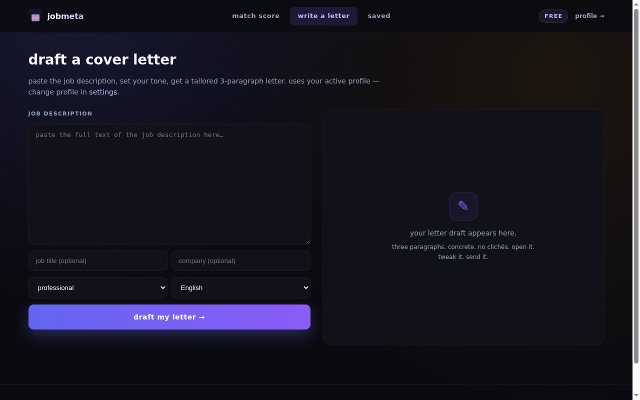 jobmeta cover-letter generator — paste a job description and get a tailored draft