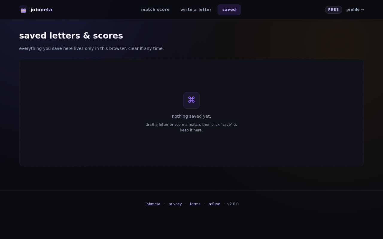 jobmeta saved history — list of past match scores and cover letters