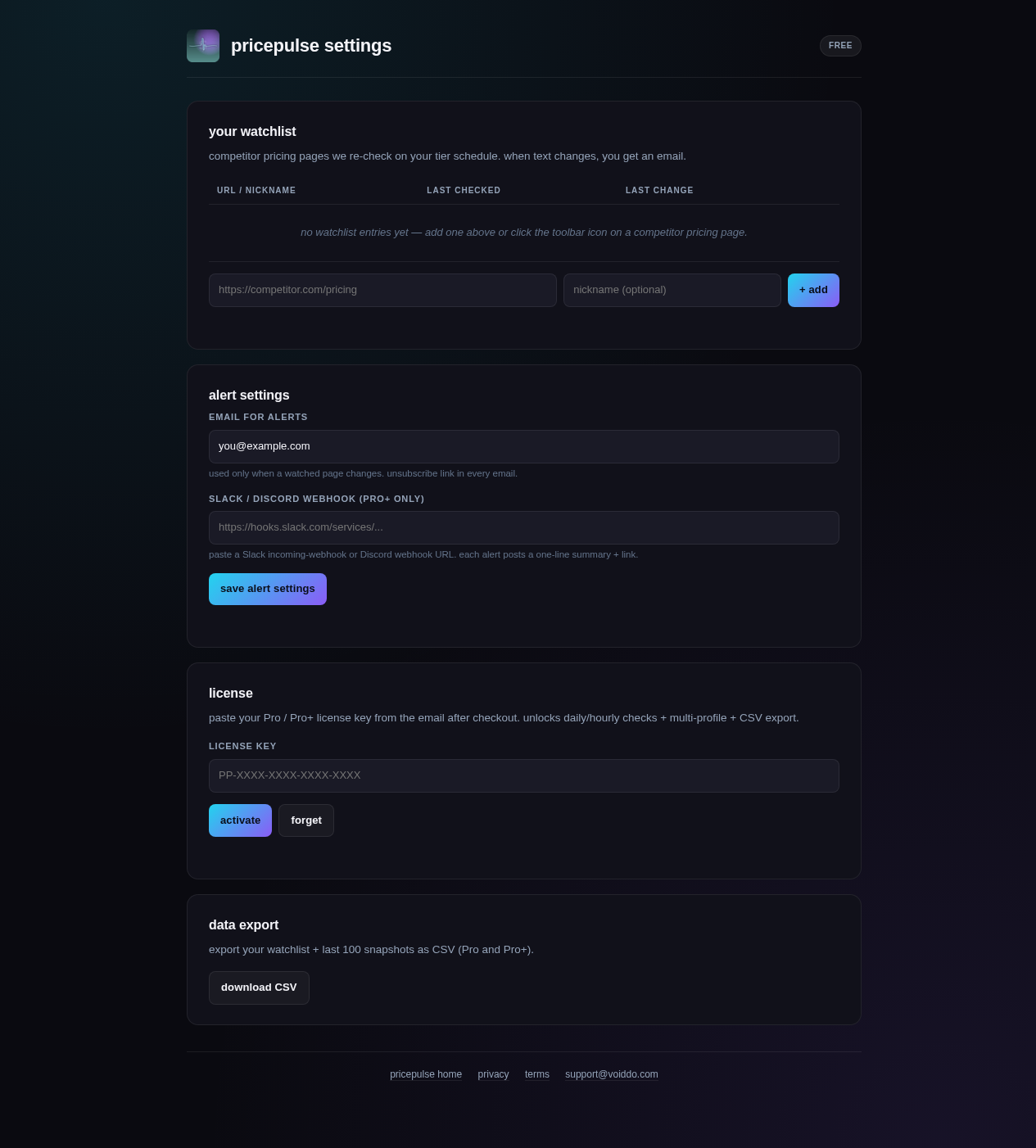 pricepulse settings — watchlist editor, alert email, license entry