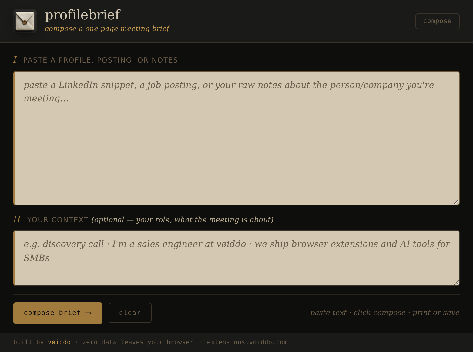 profilebrief empty state — paste a profile, posting, or notes
