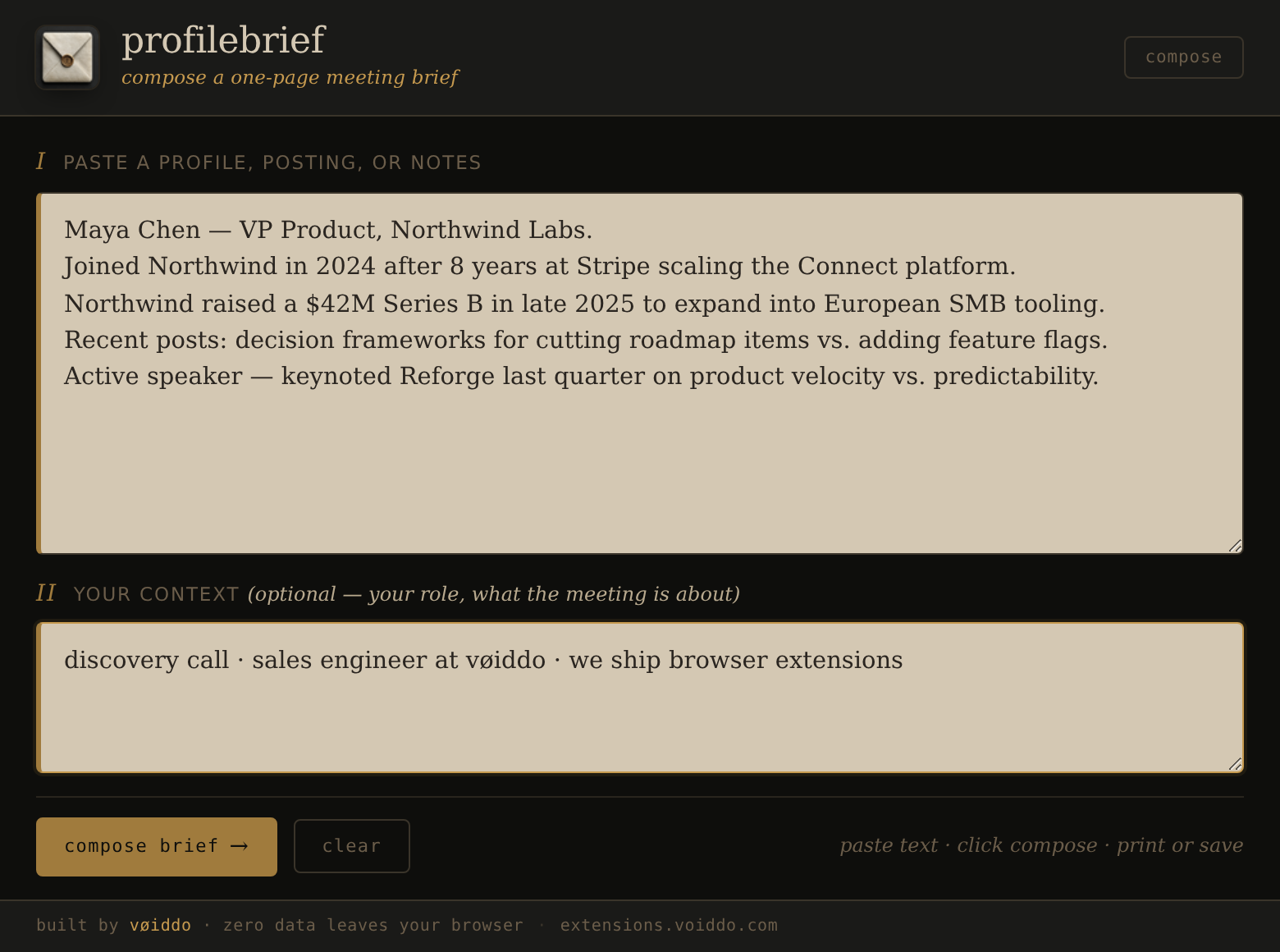 profilebrief compose pane — VP Product profile pasted, ready to compose