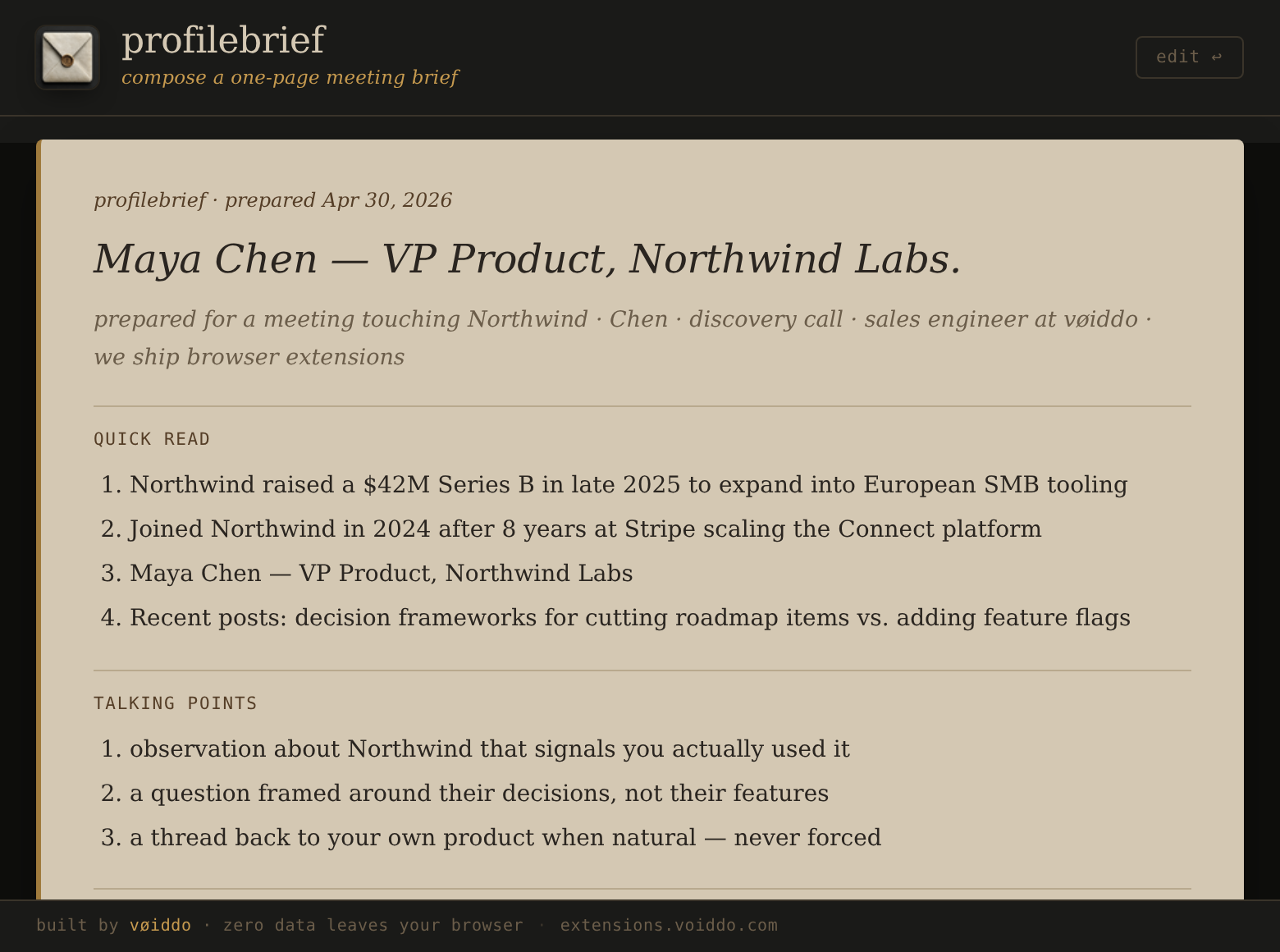 profilebrief — parchment-style one-page meeting brief composed from pasted profile of Maya Chen, VP Product at Northwind Labs